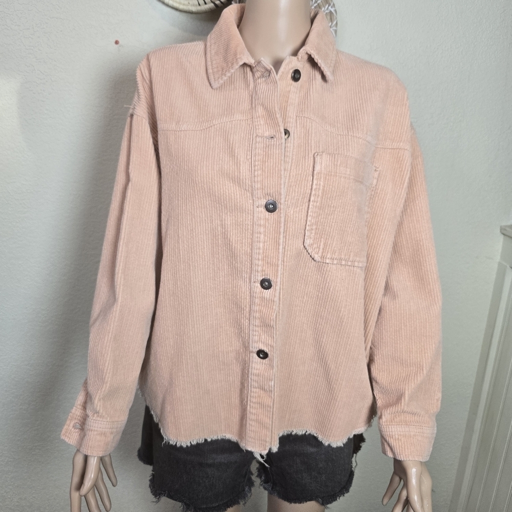 Zara Womens Corduroy Oversized Shirt Jacket Shacket Button Pink Pockets Small